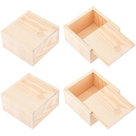 OLYCRAFT 4PCS Unfinished Wood Box with Slide Top Natural Wooden Boxes Unfinished Wood Gift Box for Crafts Arts Hobbies - 3.5” x 3.5”