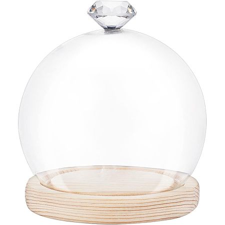 NBEADS Clear Glass Dome, Glass Dome Cloche Ball-Shaped Clear Glass Display Case with Wheat Wood Base Decorative Display Dome Case for Plants Flower Display Medals Decoration, Finish Size: 4.68x5.11