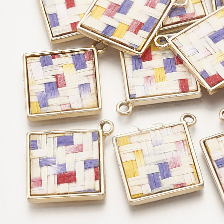 Alloy Pendants, with Linen, Rhombus, Golden, Colorful, 29x26x2.5mm, Hole: 2mm
