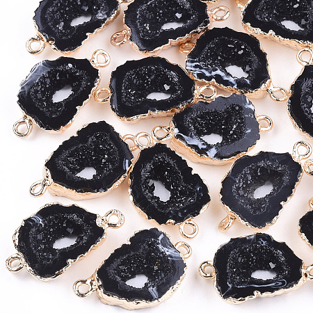 Honeyhandy Electroplate Druzy Resin Links connectors, with Iron Findings, Nuggets, Black, 26x15~16x6~7mm, Hole: 1mm