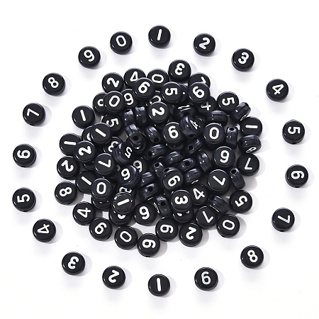 Arricraft Black Opaque Acrylic Beads, Flat Round with White Number, 7x3.5mm, Hole: 1.2mm, about 100pcs/bag.