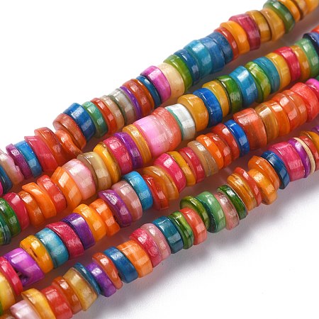 Honeyhandy Natural Freshwater Shell Beads Strands, Dyed, Heishi Beads, Flat Round/Disc, Colorful, 5~7x1.5~2.5mm, Hole: 1.2mm, about 200pcs/strand, 15.75''(40cm)