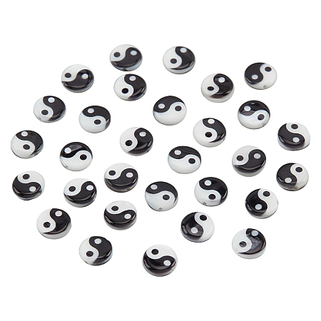 Nbeads 50Pcs Natural Freshwater Shell Printed Beads, Yin Yang Pattern, Black, White, 8x2.5mm, Hole: 0.9mm