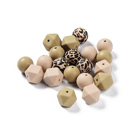 Round/Polygon Silicone Focal Beads, Chewing Beads For Teethers, DIY Nursing Necklaces Making, Leopard Print Pattern, Dark Goldenrod, 14~15x15~18x14~15mm, Hole: 2.3~2.5mm, 20pcs/bag