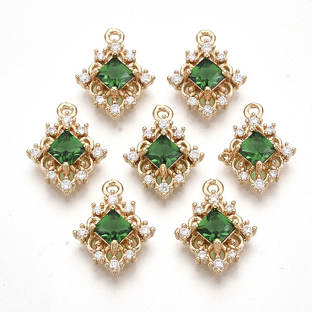 Honeyhandy Golden Tone Brass Pendants, with Faceted Glass and Clear Rhinestone, Rhombus, Sea Green, 14.5x11x4mm, Hole: 1.2mm, Diagonal Length: 14.5mm, Side Length: 10mm