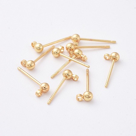 Honeyhandy Brass Stud Earring Findings, for DIY Earring Making, with Loop, Real 18K Gold Plated, 15x5x3mm, Hole: 1mm, Pin: 0.7mm