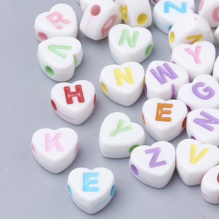 Arricraft Craft Style Acrylic Beads, Heart with Initial Letter, Mixed Color, 7x7.5x4mm, Hole: 1.6mm, about 350pcs/50g