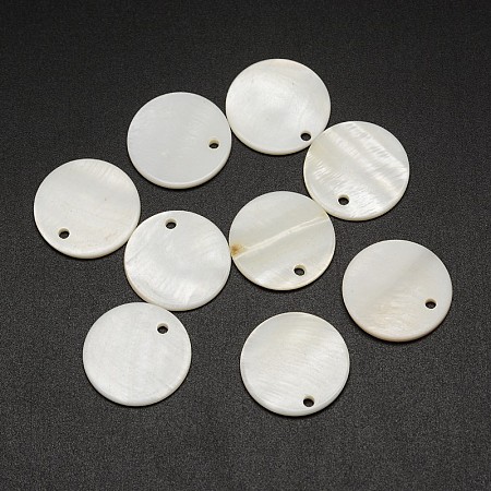 Honeyhandy Dyed Natural Flat Round Shell Charms, White, 20x2mm, Hole: 2mm
