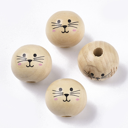 Honeyhandy Natural Wood European Beads, Waxed and Printed, Undyed, Large Hole Beads, Round, Cat Pattern, Navajo White, 19~20mm, Hole: 5mm