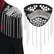 PandaHall Elite Fashionable Iron Tassel Epaulettes, Sew On Rivet Shoulder Badge, with Crystal Rhinestone, Platinum, 196x115x7.7mm