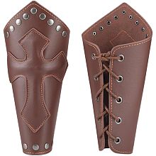 GORGECRAFT 2PCS Leather Gauntlet Wristband Medieval Armor Bracers Cross Embossed Rivet Viking Leather Arm Guard Adjustable Armband Armor Cuff for Halloween Adult Knight Cosplay Costumes,Coconut Brown