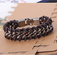 Honeyhandy Imitation Leather Cord Bracelets, with Alloy Findings, Platinum, Coconut Brown, 210x20mm(8-1/4 inchx3/4 inch)