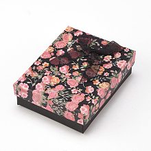 Honeyhandy Flower Pattern Cardboard Jewelry Packaging Box, 2 Slot, For Ring Earrings, with Ribbon Bowknot and Black Sponge, Rectangle, Black, 9x7x3cm