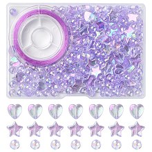 DIY Stretch Bracelet Making Kit, Including Heart & Star & Round Acrylic Beads, Elastic Thread, Lilac, Beads: 6~10x3~6mm, Hole: 1~1.5mm, 200Pcs/box