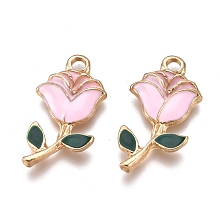 Honeyhandy Alloy Enamel Pendants, for Valentine's Day, Rose Flowers, Golden, Pearl Pink, 22.5x12x2.5mm, Hole: 2mm