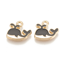 Honeyhandy Alloy Enamel Charms, Cadmium Free & Lead Free, Whale Shaped, Light Gold, Black, 12.5x13x1.5mm, Hole: 1mm