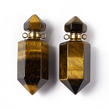 Faceted Bullet Natural Tiger Eye Perfume Bottle Pendants, Essentail Oil Diffuser Charm, with Golden Tone Metal Findings, for Jewelry Making, 42~45x16~17x16~17mm, Hole: 2mm