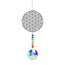 Honeyhandy Metal Big Pendant Decorations, Hanging Sun Catchers, Chakra Theme K9 Crystal Glass, Flat Round with Flower of Life, Colorful, 41cm