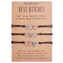 Arricraft 3Pcs 3 Style 430 Stainless Steel Heart with Word Bitch Link Braided Bead Bracelets Set, Match Adjustable Bracelets for Best Friends Couple Family, Stainless Steel Color, 7-1/8~11-3/4 inch(18~30cm), 1Pc/style