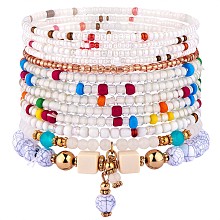 Honeyhandy 11Pcs Boho Seed Beads Stretch Bracelets Set, Multilayered Stackable Bracelets, Colorful Beaded Charm Surfer Bracelets for Women, White, Inner Diameter: 1-3/4~2-1/8 inch(4.5~5.5cm)