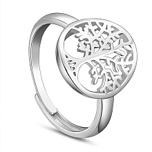 SHEGRACE 925 Sterling Silver Adjustable Rings, Flat Round with Tree of Life, Platinum, US Size 11 1/4(20.7mm)