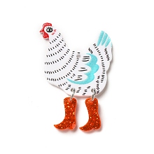 Honeyhandy Printed Acrylic Pendants, with Glitter Powder, Rooster Charm, White, 44x30x2.3mm, Hole: 1.8mm