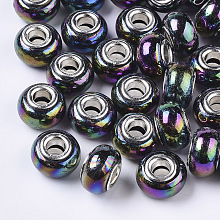 Honeyhandy Opaque Resin European Beads, Large Hole Beads, Imitation Porcelain, with Platinum Tone Brass Double Cores, AB Color, Rondelle, Black, 14x9mm, Hole: 5mm