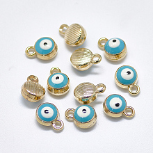 Honeyhandy Light Gold Plated Alloy Charms, with Enamel, Flat Round with Evil Eye, Sky Blue, 10x7x4.5mm, Hole: 1.5mm