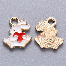 Honeyhandy Alloy Enamel Charms, Rabbit with Heart, Light Gold, Red, 13.5x12x1.5mm, Hole: 2mm