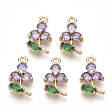 Arricraft Transparent Glass Pendants, with Golden Tone Brass Findings, Faceted, Flower, Violet, 17x10x3.5mm, Hole: 1.6mm