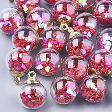 Honeyhandy Glass Ball Pendants, with Glitter Sequins and CCB Plastic Findings, Round with Heart, Golden, Red, 21x15.5~16mm, Hole: 2mm