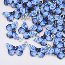 Honeyhandy Printed Alloy Pendants, with Enamel, Butterfly, Platinum, Blue, 13.5x20x2mm, Hole: 1.6mm