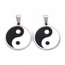 Honeyhandy 201 Stainless Steel Enamel Pendants, Flat Round with Taiji, Black & White, 22.5x20x1.5mm, Hole: 6.5x3mm