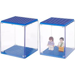 FINGERINSPIRE 2 Pcs Acrylic Stackable Model Display Case Minifigures Building Block Display Case with Blue Base 3x3x4 inch Dustproof Showcase Assemble Cube Display Box for Minifigures Figure