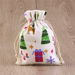 Honeyhandy Christmas Theme Linenette Drawstring Bags, Rectangle, White, Colorful, 10x8cm