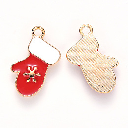 Honeyhandy Alloy Enamel Pendants, for Christmas, Christmas Glove, Light Gold, Red, 19x11x2mm, Hole: 1.8mm