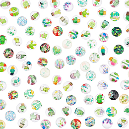 PandaHall Elite Glass Cabochons, Half Round/Dome, Cactus Pattern, 12x4.8mm, about 100pcs/bag, 1 bag/box