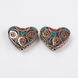 Honeyhandy Handmade Indonesia Beads, with Brass Findings, Nickel Free, Heart, Unplated, Colorful, 29x31.5x8.5mm, Hole: 2mm