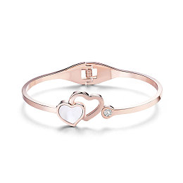 SHEGRACE Gorgeous Titanium Steel Bangle, Double Hearts with Chromatic Conch, Rose Gold, 59mm