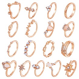 Honeyhandy 17Pcs 17 Style Crystal Rhinestone Teardrop & Star & Horse Eye Finger Rings Set, Alloy Stackable Rings for Women, Rose Gold, Inner Diameter: 14~18mm, 1Pc/style