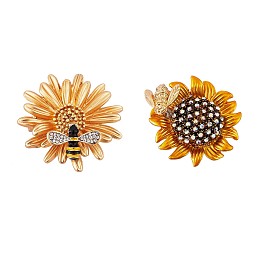 Honeyhandy 2Pcs 2 Style Sunflower and Bee Clear Cubic Zirconia Badges Pins with Enamel, Alloy Brooches for Backpack Clothes, Golden, Yellow, 30mm, 38mm, 1Pc/style