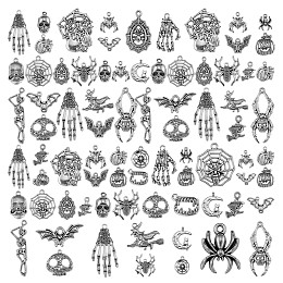 Arricraft 80Pcs Halloween Alloy Pendants, Spider & Bat & Spider Web & Skull, Antique Silver, 9~39mmx10~33mm