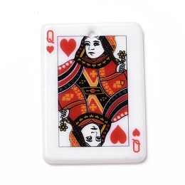 Honeyhandy Printed Acrylic Pendants, Rectangle with Playing Cards Pattern, Queen of Hearts, Colorful, 36x25.5x2mm, Hole: 1.8mm