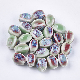 Honeyhandy Handmade Porcelain Beads, Fancy Antique Glazed Porcelain, Oval, Medium Aquamarine, 12~14x9~10.5x9~11mm, Hole: 2.5mm