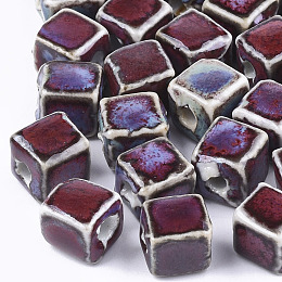 Honeyhandy Handmade Porcelain Beads, Fancy Antique Glazed Porcelain, Cube, Colorful, 8x7.5~8x7.5~8mm, Hole: 1.5~2mm