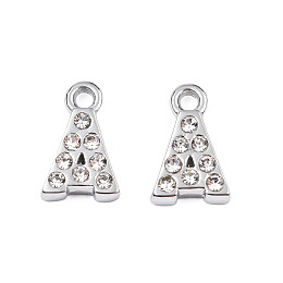 Honeyhandy 304 Stainless Steel Charms, with Crystal Rhinestone, Letter, Letter.A, 10~10.5x2~8x2mm, Hole: 1.2mm