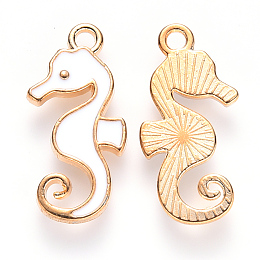 Honeyhandy Alloy Enamel Pendants, Sea Horse, Light Gold, White, 21x11x2mm, Hole: 1.6mm