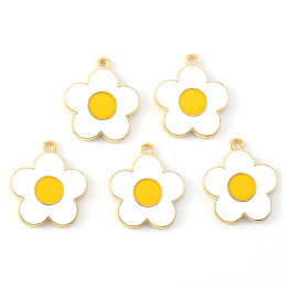 Honeyhandy Alloy Enamel Pendants, Flower, Light Gold, White, 21.5x19x2mm, Hole: 1.6mm