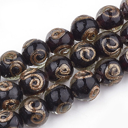 Honeyhandy Handmade Gold Sand Lampwork Beads, Round, Black, 11.5~12.5x11~12mm, Hole: 1.5~2mm