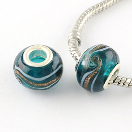 Honeyhandy Rondelle Handmade Gold Sand Lampwork European Large Hole Beads, with Silver Color Plated Brass Cores, Teal, 14x9~10mm, Hole: 5mm